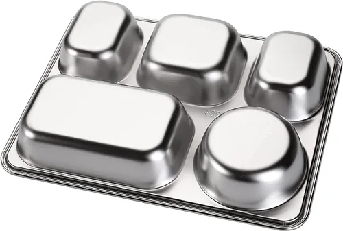 Vista 2 de Platos de porciones divididas irrompibles – Fiambrera de acero inoxidable bandeja dividida con 5 secciones divididas bandeja de cafetería