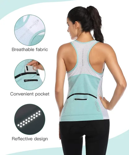 Vista 3 de Santic Camiseta sin mangas de entrenamiento para mujer, con espalda cruzada, atlética, con bolsillos, ciclismo, correr
