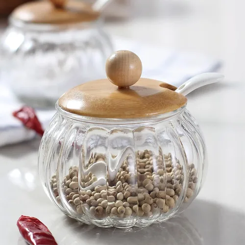 Vista 6 de Bodega de sal, recipiente de vidrio de 8 onzas / 8.5 fl oz con tapa de bambú, lindo tarro de condimento de calabaza, recipiente de almacenamiento