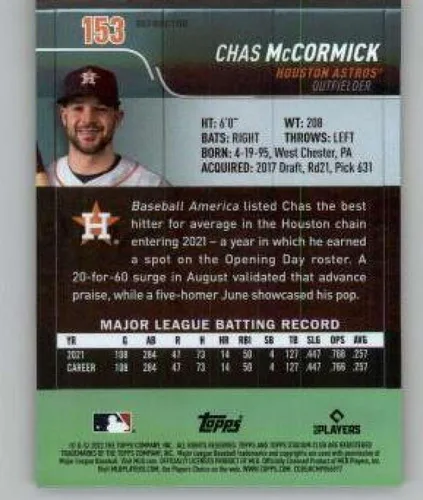 Vista 2 de 2022 Stadium Club Chrome Refractor #153 Chas McCormick RC Rookie Houston Astros MLB Baseball Trading Card