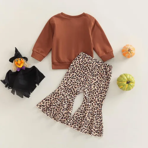 Vista 3 de AEEMCEM Conjunto de ropa de Halloween para bebé niña, sudadera con estampado de letras de Hello Pumpkin y pantalones acampanados de leopardo