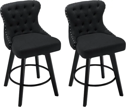 Vista 14 de Juego de 2 taburetes de bar giratorios de 360° con botón acolchonados, taburetes de bar tapizados de 26 pulgadas con patas de madera maciza