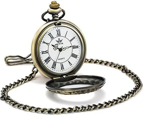 Vista 3 de SEWOR Reloj de bolsillo de cuarzo Shell Dial lupa caso con dos tipos de cadena cuerometal