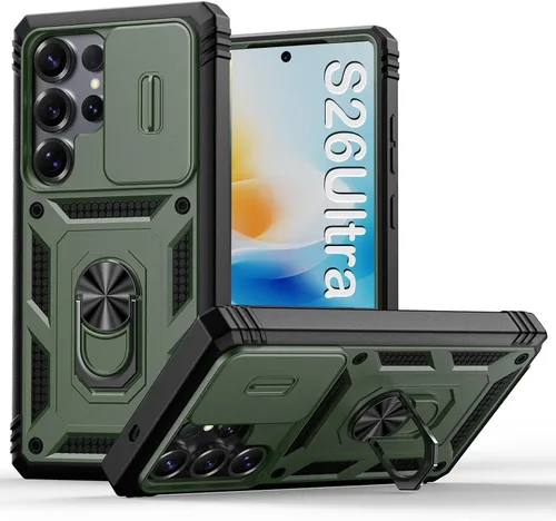 Vista 134 de PASNEW Funda militar para iPhone 13 Pro Max, cubierta de cámara deslizante y soporte de anillo de metal de 360°, carcasa rígida multicapa resistente