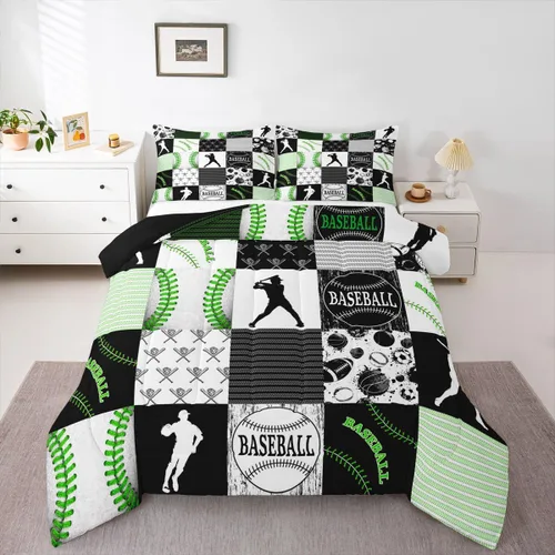 Vista 11 de Erosebridal - Juego de edredón individual para niños con diseño de béisbol y sóftbol, juego de cama deportivo acolchado para niños, edredón
