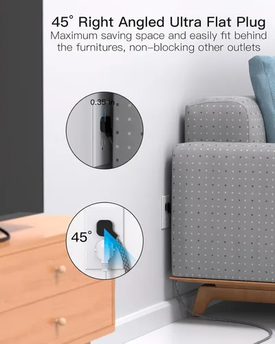 Vista 4 de Regleta Protectora de Sobretensiones - 6 Tomas 4 Puertos de Carga USB, Cable de Extensión Trenzado de 5 Pies, Enchufe Plano, Protección contra
