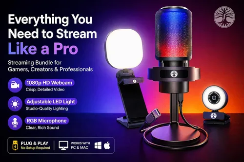 Vista 2 de Kit de transmisión de cámara web con micrófono USB RGB y luz LED, paquete de cámara de transmisión de 1080P 30FPS para Twitch, YouTube, podcasting