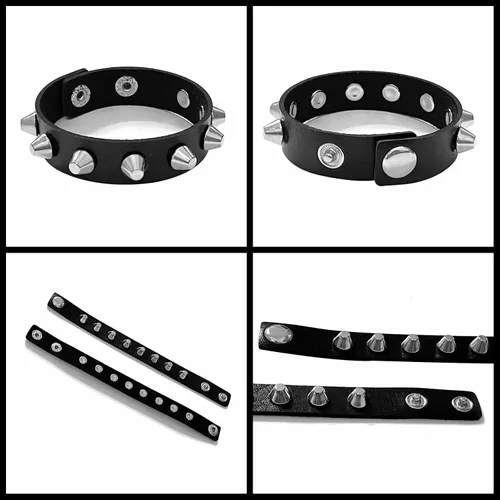 Vista 5 de Tosmifairy 3Pcs Leather Goth Jewelry Choker and Bracelets Set Punk Cosplay Costume Accessories for Women Men Teen Girls