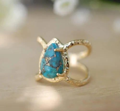 Vista 4 de Awmnjtmgpw - Anillo turquesa con incrustaciones de oro de 18 quilates con forma de lágrima y pera talla 10