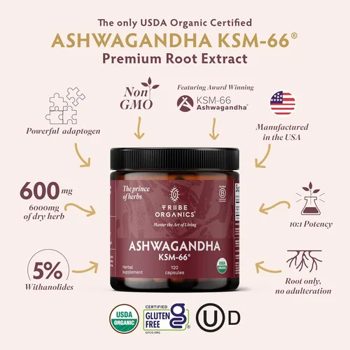 Vista 2 de TRIBE ORGANICS Ashwagandha KSM 66 - Suplemento ayurvédico de extracto de polvo de raíz orgánica pura - Enfoque, apoyo al estado de ánimo, aumenta