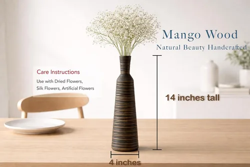 Vista 2 de AeraVida Jarrón de madera de mango en forma de botella de 14 pulgadas con rayas horizontales, jarrón alto de madera natural rústica para seda