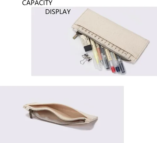 Vista 4 de Estuche de lona Cartuchera Para Ninas Almacenamiento Cosméticos Cremallera (Beige, Lienzo)