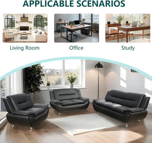 Vista 6 de Juego de muebles de sala de estar de 3 piezas, sofás seccionales, juego de sofá de cuero negro, juego de sofá moderno para sala de estar, negro#2