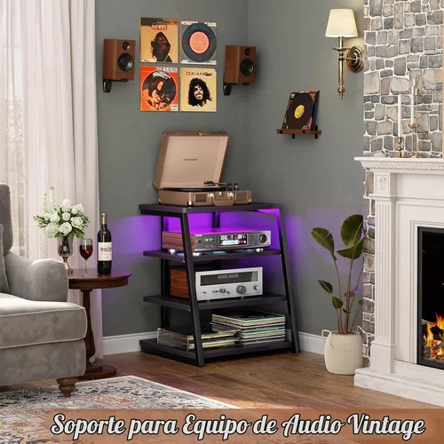 Vista 2 de Armocity Soporte multimedia AV de 4 niveles con tiras de alimentación, soporte estéreo con luces LED, torre de audio en rack con estantes