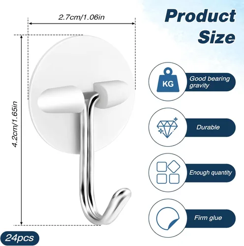 Vista 2 de 24 ganchos redondos de plástico, pequeños ganchos autoadhesivos para colgar, blanco, impermeable y a prueba de aceite para utensilios de cocina