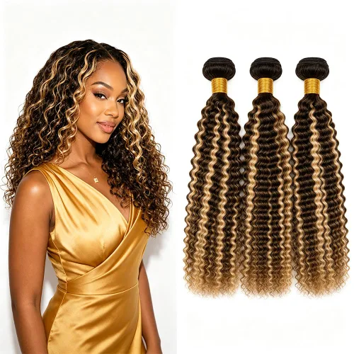 Vista 186 de P4613 Cabello humano rizado onda profunda marrón y paquetes mixtos 8 10 12 P4613 Ombre Marrón-Rubio-DP