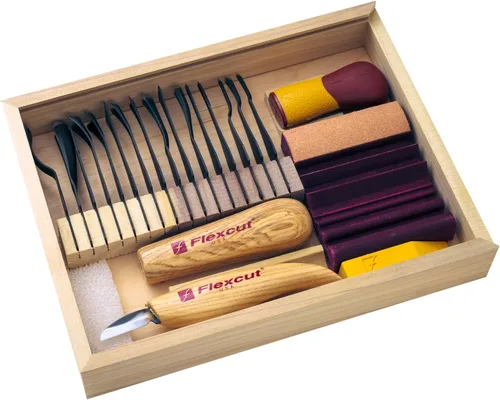 Vista 5 de Flexcut herramientas de tallado de madera juego de carpintero de 5 piezas incluye 4 cuchillas de tallado y mango ABS ergonómico además, bloque
