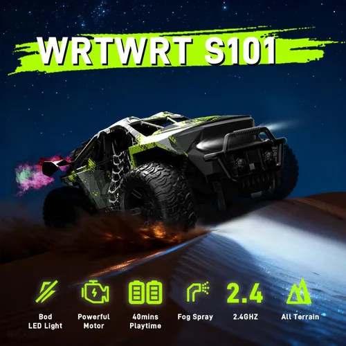 Vista 4 de Camión monstruo RC 1:18 para niños, niños 4-7-8-12, auto de control remoto todoterreno todoterreno con luces LED y aerosol, 40 minutos de tiempo