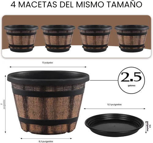 Vista 2 de Juego de Macetas Quarut de 4 Piezas de 12 Pulgadas, Paquete de Grandes Macetas de Barril de Whiskey con Agujeros de Drenaje y Platillo. Macetas
