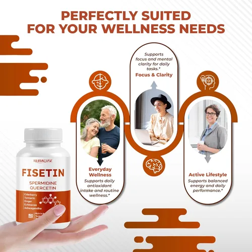 Vista 5 de Suplemento de fisetina, 9 ingredientes botánicos con espermidina, quercetina, antioxidante, función cognitiva y apoyo al envejecimiento saludable*