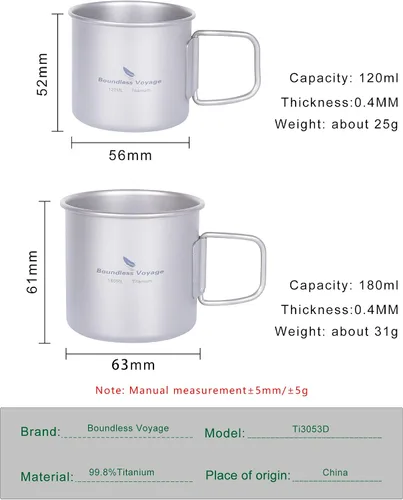Vista 2 de Boundless Voyage Titanio Camping Taza Taza Fuego Abierto Ultraligero Camping Picnic Agua Vino Café Taza 4.1 fl oz y 6.1 fl oz Teacups Sin Tapa