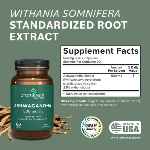 Vista 2 de Prominent Nutrition Suplemento Ashwagandha – Extracto de raíz de Shagandha clínicamente investigado para un estado de ánimo saludable y apoyo al