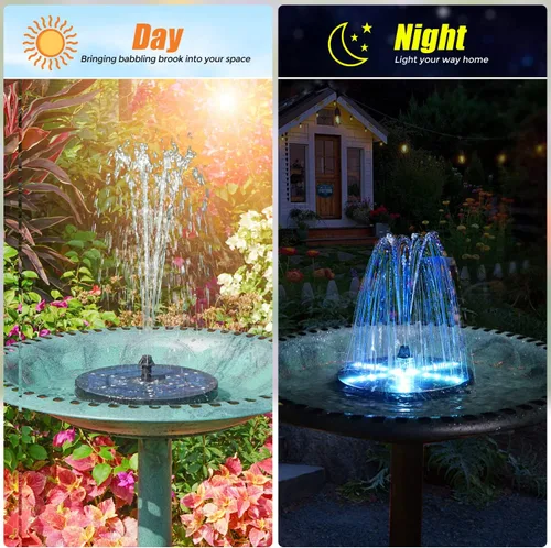 Vista 4 de Fuentes Solares para Baño de Pájaros Mejoradas, Bomba de Fuente de Agua Solar de 4W con Batería de 4000, 7 Boquillas y 4 Fijos, Luces LED Coloridas
