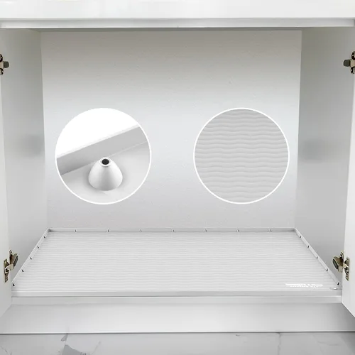 Vista 10 de Tapete impermeable para debajo del fregadero, para armario de cocina y baño debajo del fregadero, 28 x 22 pulgadas, forro de silicona negra