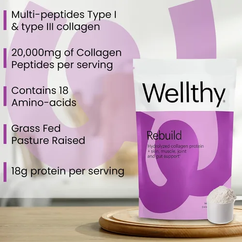 Vista 2 de Wellthy Polvo de proteína de péptidos de colágeno – Colágeno hidrolizado alimentado con pasto para el crecimiento del cabello, piel, uñas, intestino