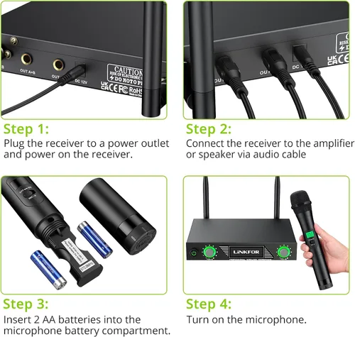 Vista 2 de LiNKFOR Micrófono inalámbrico, sistema de micrófono de karaoke inalámbrico UHF, micrófono inalámbrico dual profesional de 196 pies, rango