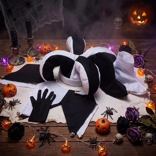 Vista 7 de Chicingyou 4 piezas de disfraces de payaso bufón de Halloween para adultos Negro blanco