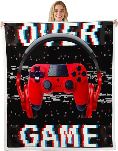 Vista 15 de Erosebridal Manta de cama para niños con estampado de consola de videojuegos moderna, manta de felpa suave con botones de acción rosa y azul, manta