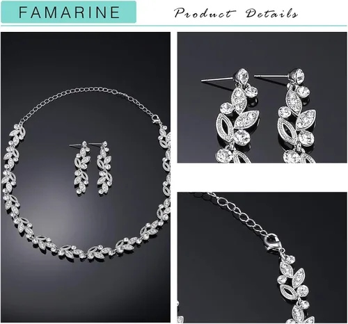 Vista 4 de FAMARINE Juego de joyas de novia plateadas, aretes de gota de boda de cristal transparente para novia dama de honor, Metal Diamante de imitación