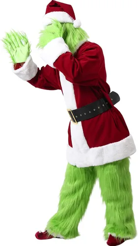 Vista 2 de PrettyFirst Green Monster Costumes Deluxe Santa Claus Costume Adult 9PCS Mens Santa Suit Green Santa Outfit With Mask