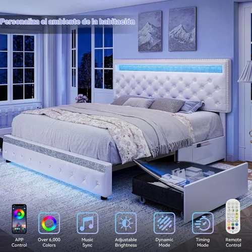 Vista 3 de Torana - Base de cama con luces LED, cabecero ajustable y 2 cajones, color blanco PU