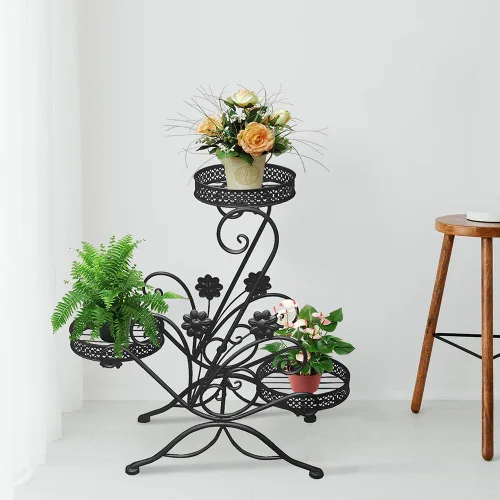 Vista 3 de Soporte para plantas de 3 niveles, estantes de metal para flores, soporte de exhibición de plantas para interiores y exteriores, soporte para macetas