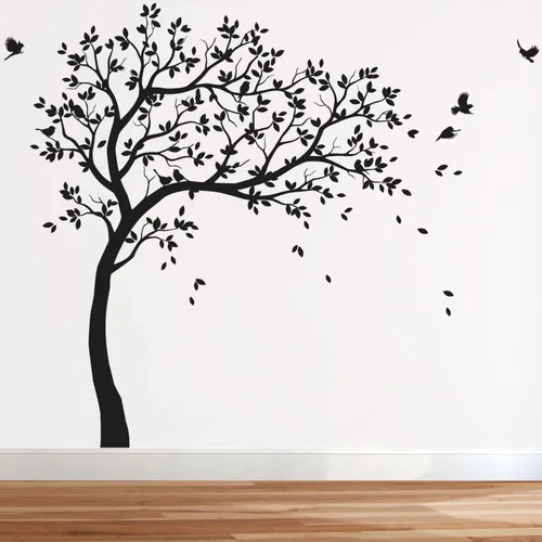 Vista 6 de Calcomanías de pared para árbol grande, calcomanías de árbol inclinado con pájaros, mural de vinilo decorativo KW032