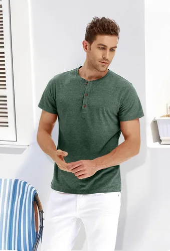 Vista 4 de PEGENO Camisetas de algodón de manga corta con solapa frontal casual para hombre