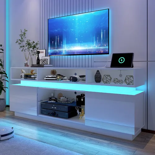 Vista 16 de chartustriable Soporte de TV LED para TV de 80 pulgadas, centro de entretenimiento alto moderno con tomas de corriente, soporte de TV de alto