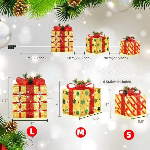 Vista 5 de LAMPHOME Cajas iluminadas de Navidad, juego de 3 70 luces LED para decoración al aire libre, cajas de Navidad iluminadas, decoración de regalo