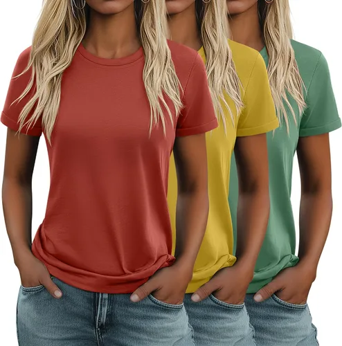 Vista 8 de Huukeay Paquete de 3 camisetas de algodón para mujer, estilo casual, de manga corta, cuello redondo, ajuste holgado, básica, lisa