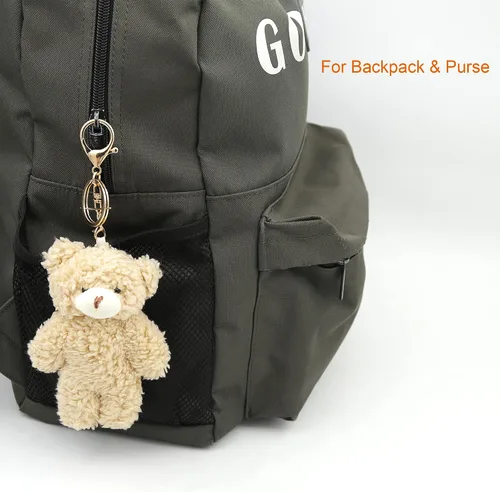 Vista 2 de Llavero de peluche de oso de juguete para niños con corazón morado de 5 pulgadas de peluche, mochila con colgante de regalo para niñas (A-marrón)