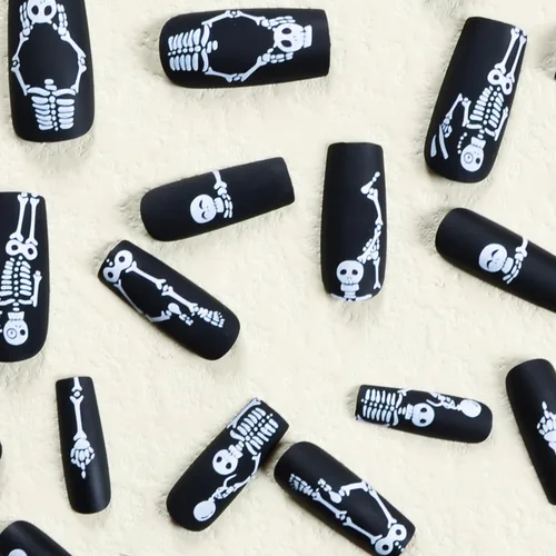 Vista 3 de Uñas postizas a presión de Halloween, largas, cuadradas, negras, de cobertura completa, con diseño de esqueleto blanco, uñas postizas con pegamento