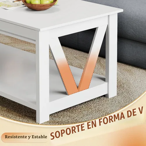 Vista 6 de WLIVE - Mesa de café con estante de almacenamiento, mesa de café granja de 39.4" con soporte en V, mesa de centro rústica de 2 niveles para sala