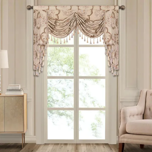 Vista 13 de Loom and Mill Cenefa de cascada de lujo de jacquard para sala de estar, elegantes cenefas de ventana con festones y cuentas damascadas, cortinas
