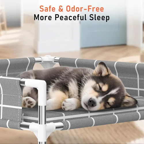 Vista 2 de Cama elevada para perros con valla de tres lados y cojín extraíble, patas antideslizantes, diseño estable, fácil montaje, relajación en interiores