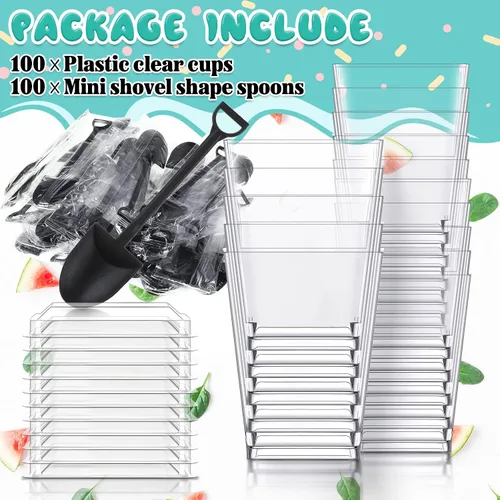 Vista 3 de Cunhill 100 tazas cuadradas de postre con 100 cucharas de postre en forma de pala, tazas de plástico transparente para aperitivos con tapas, mini