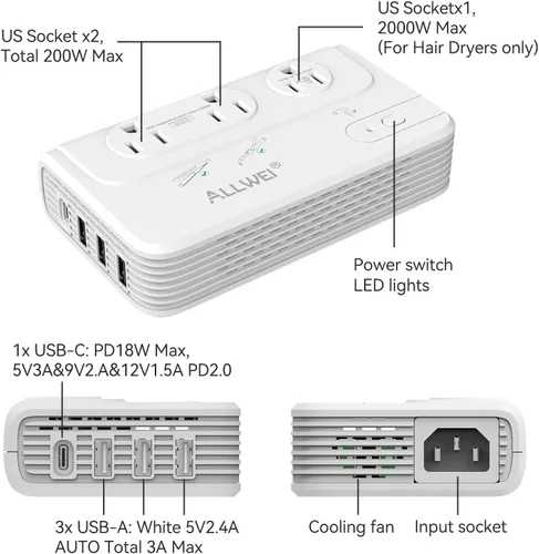 Vista 8 de ALLWEI Convertidor de Voltaje de Viaje de 2000W, Convertidor de 220v a 110v para Viaje Europeo, Adaptador de Voltaje para Secador de Pelo