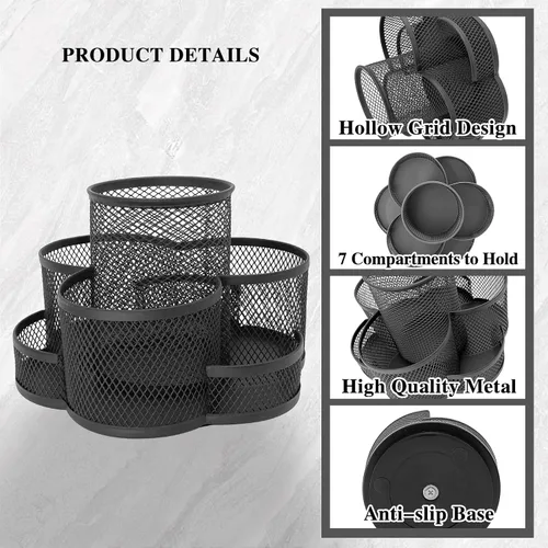 Vista 6 de Caja giratoria de malla metálica 360 para lápices, artículos de papelería, suministros de oficina, organizador de brochas de maquillaje para el Negro