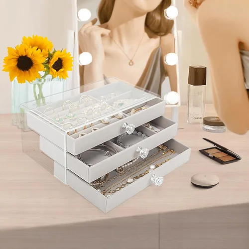 Vista 2 de coobest Joyero, organizador de joyas de 3 cajones, cajas de joyería y organizadores con organizador de aretes, caja organizadora de joyas